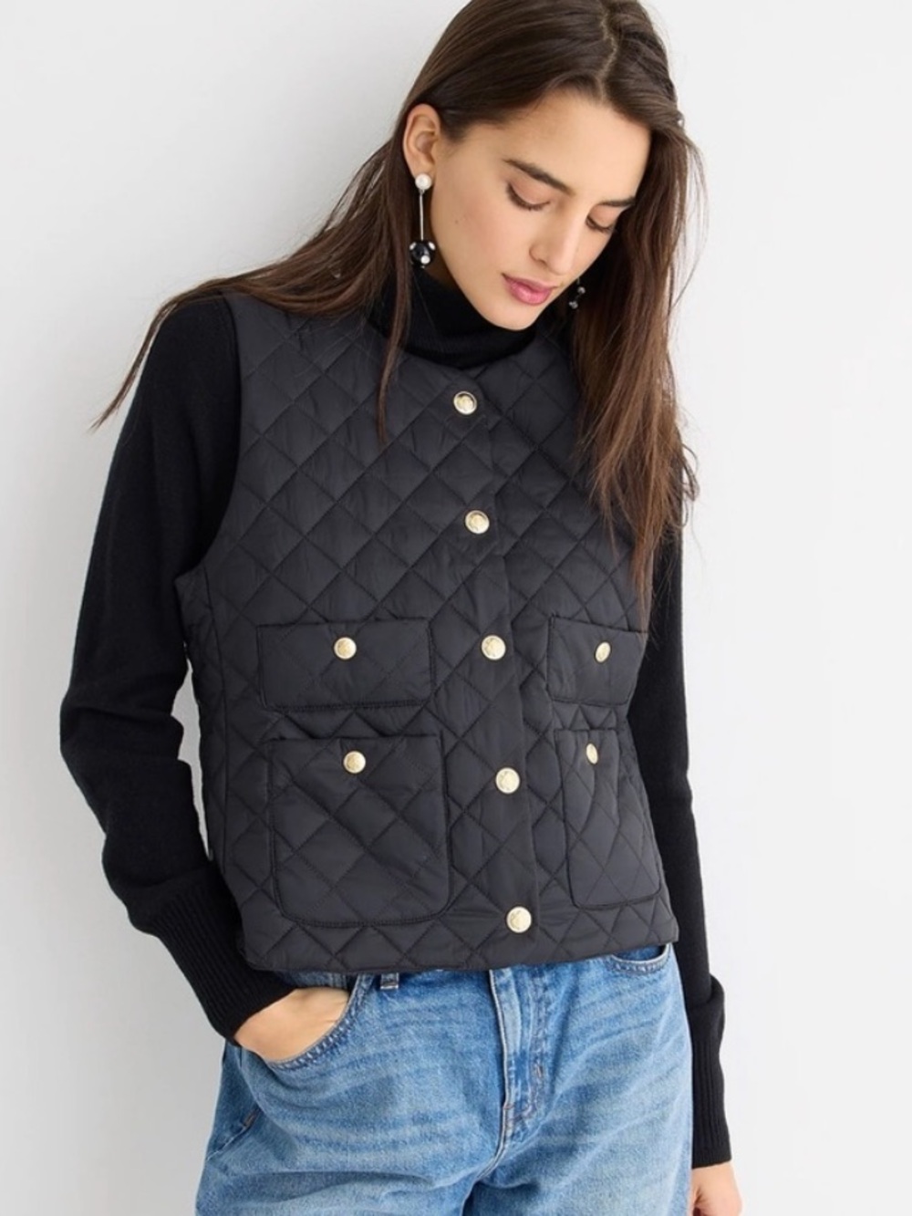 J. Crew Black Diamond Quilted Lady Vest with Gold Buttons